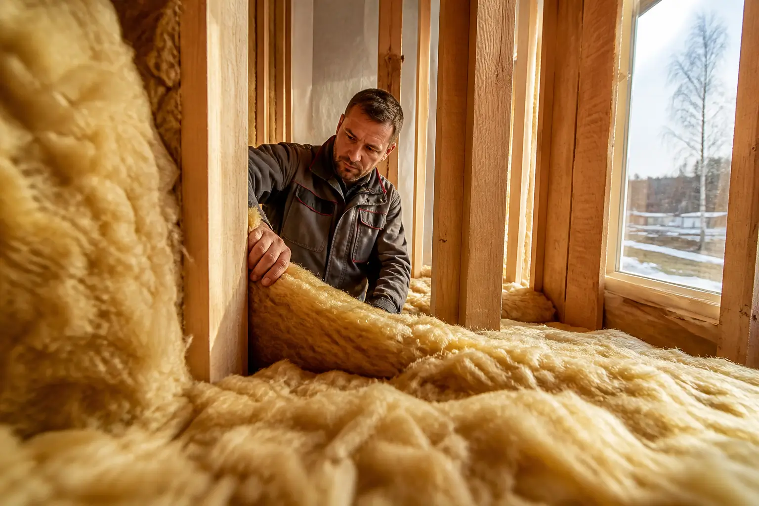 man exploring insulation inside wall frame