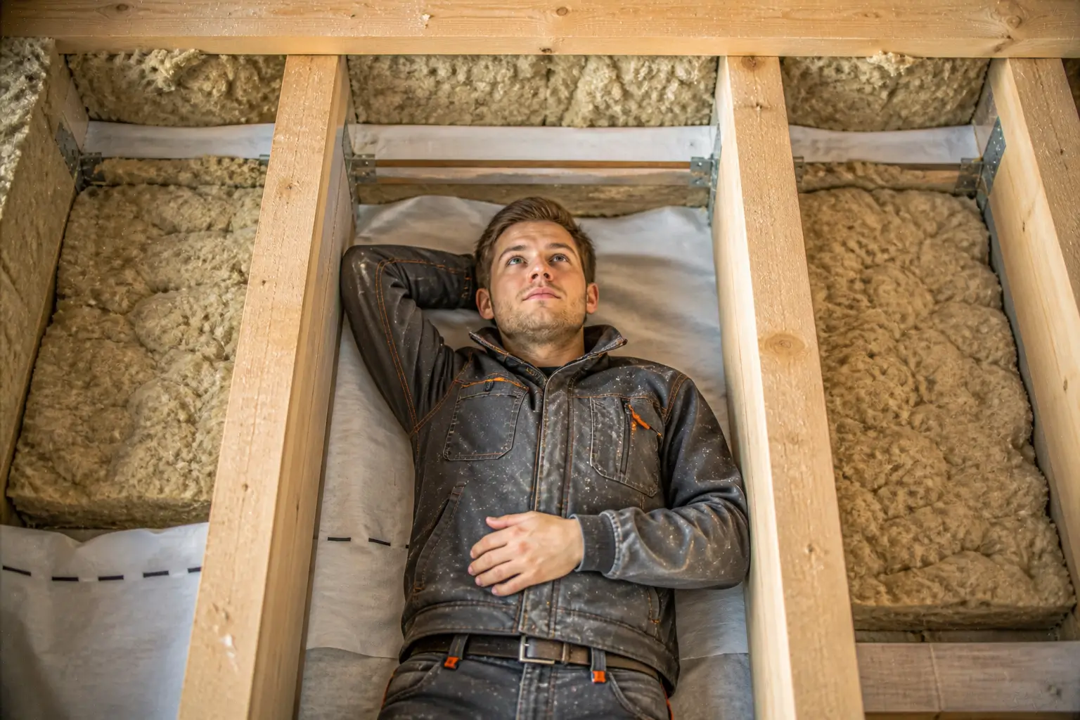 man looking at floor insulation from below