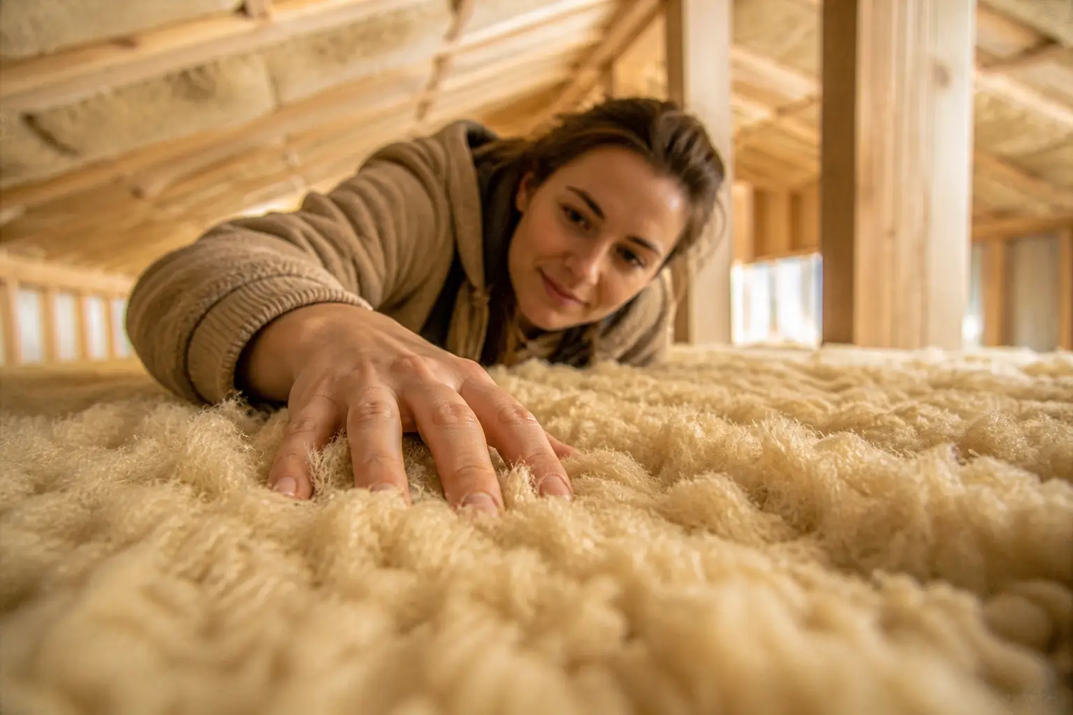 woman hand pressing insulation texture close
