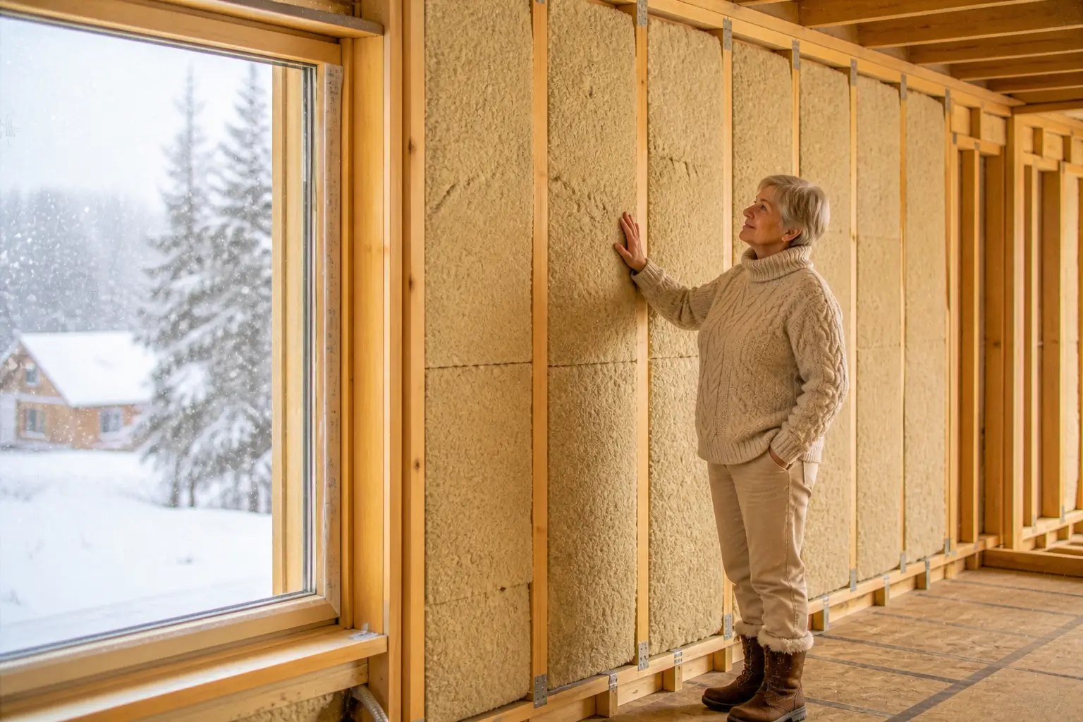 elderly woman satisfied with wall insulation