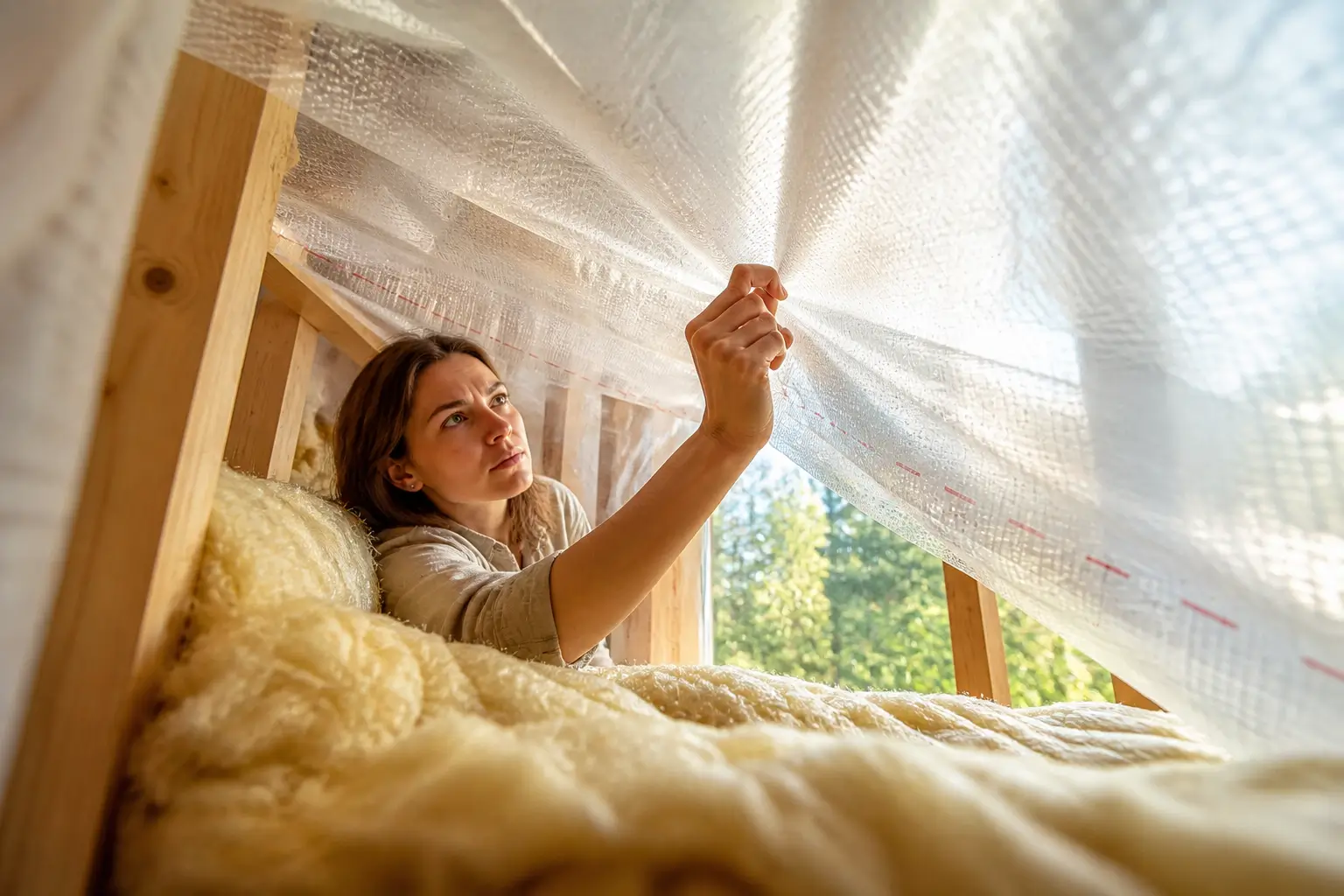 woman checking vapor barrier film close up