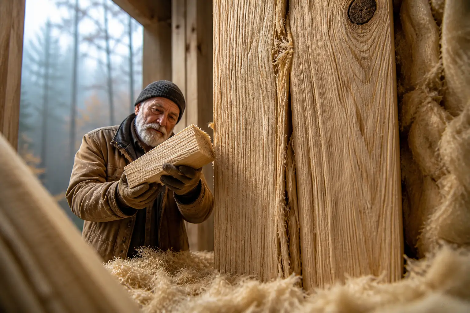 old builder examining wood grain close up