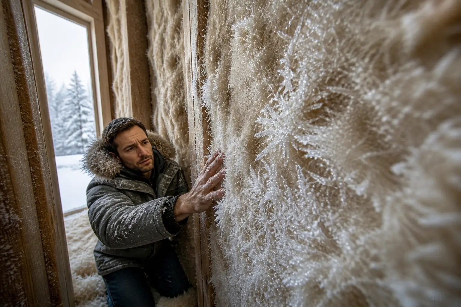 man touching frozen insulation inside wall