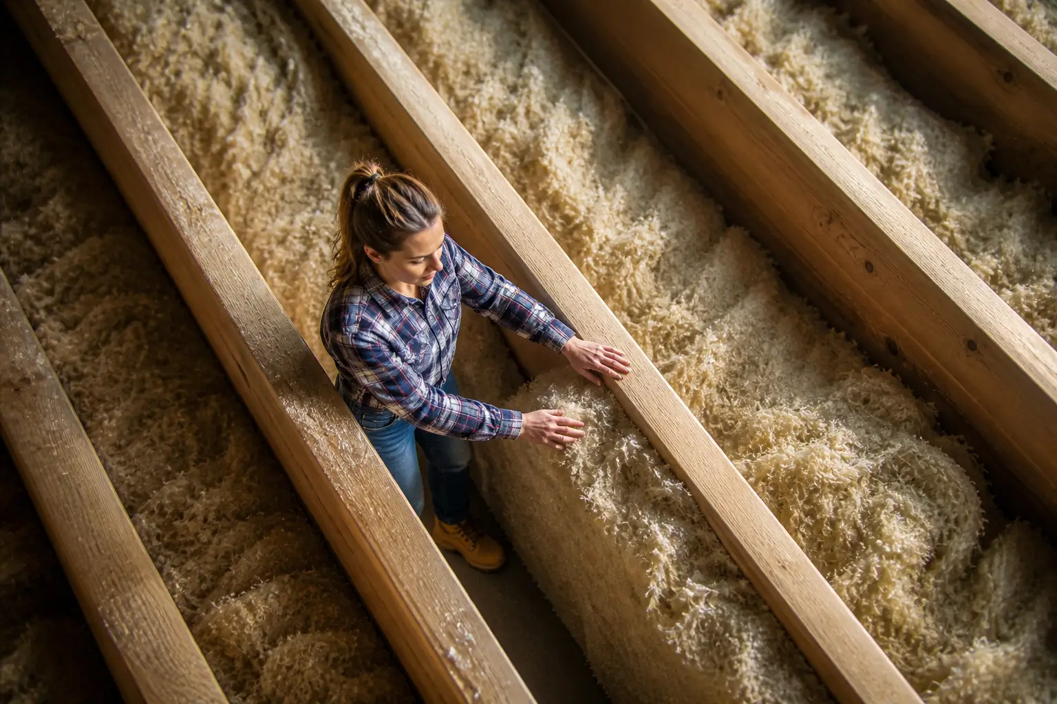 girl looking at insulation between floor beams