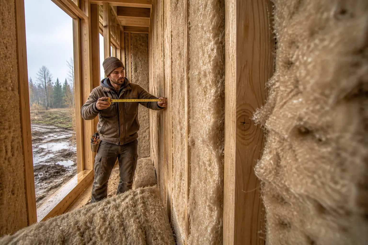 builder measuring distance between wall studs
