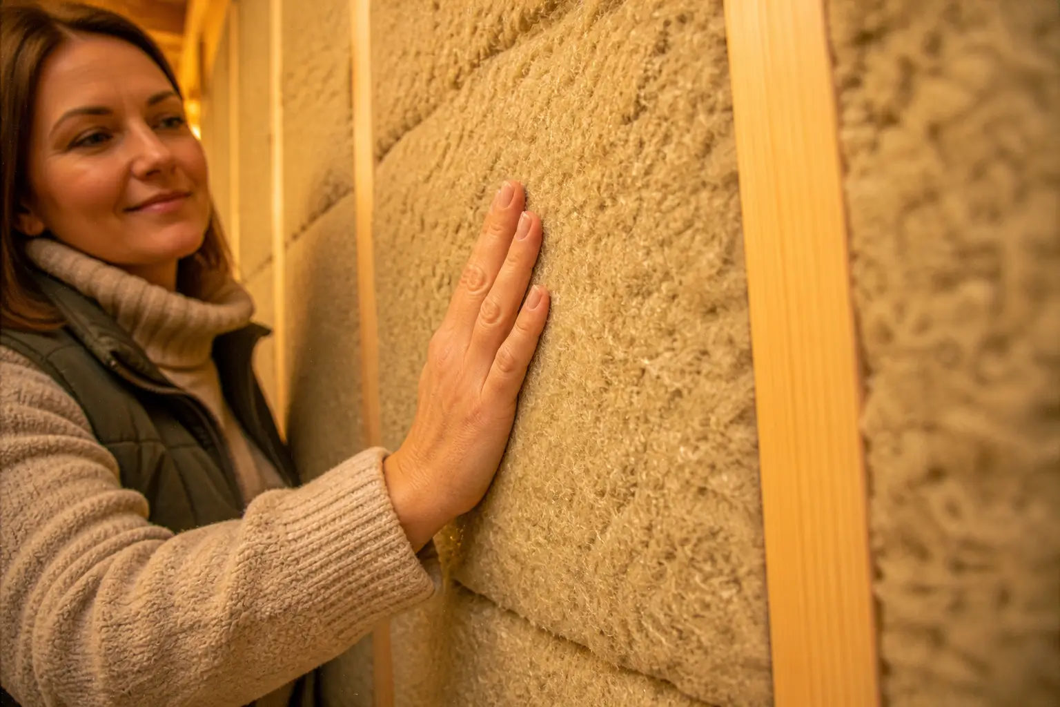 woman touching perfectly installed insulation